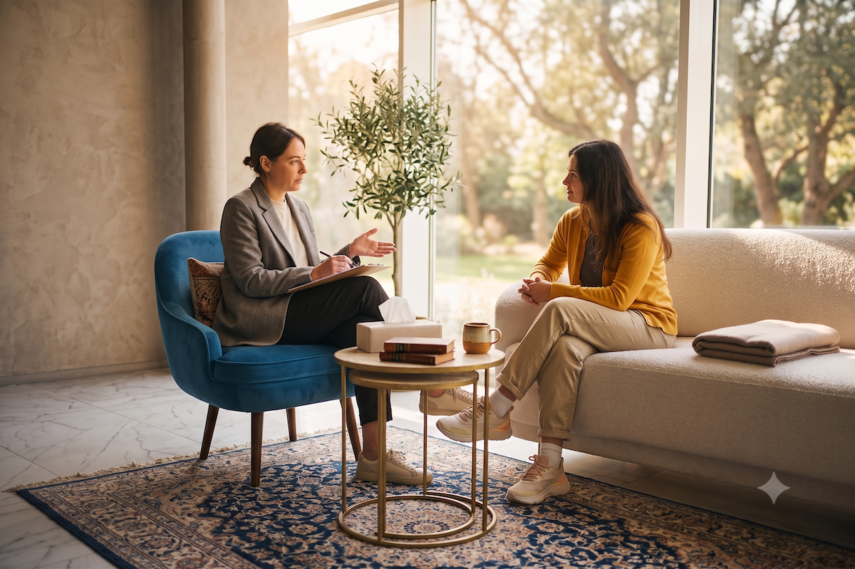 two people talking in a professional but comfortable setting.